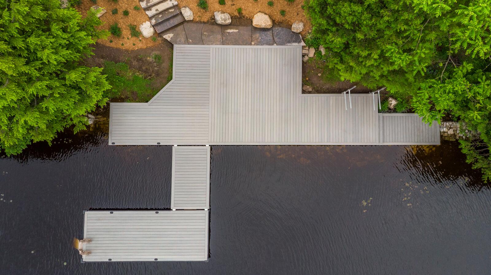 Overhead view of a custom crib dock system on a Muskoka lake