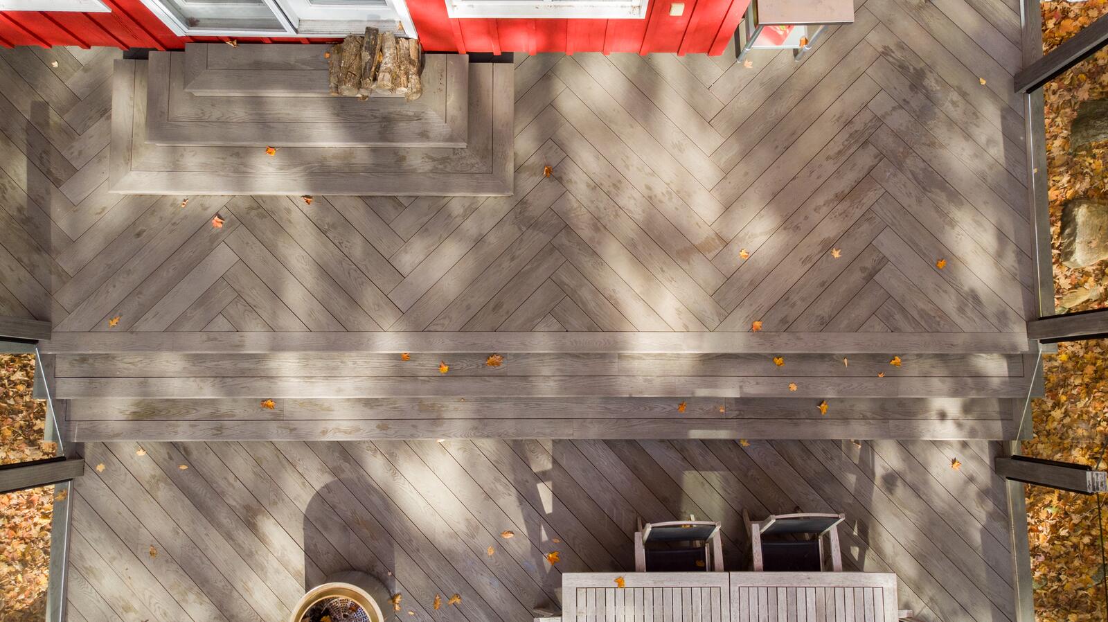 Overhead view of a herringbone pattern composite deck in Muskoka